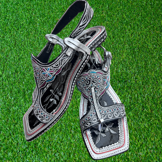 A1 Premium Quality (Silver Black) Zari Chappal Lawa Style , Pakistani Indian Men's Zari Chappal Tilla Chappal