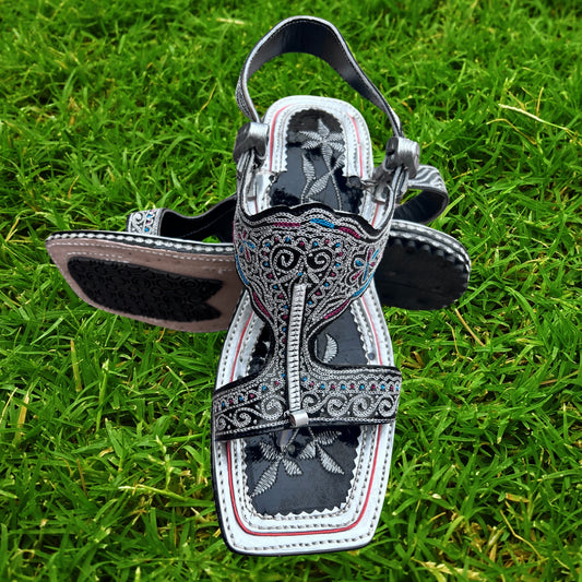 Zari Silver Black Chappal Lawa Style